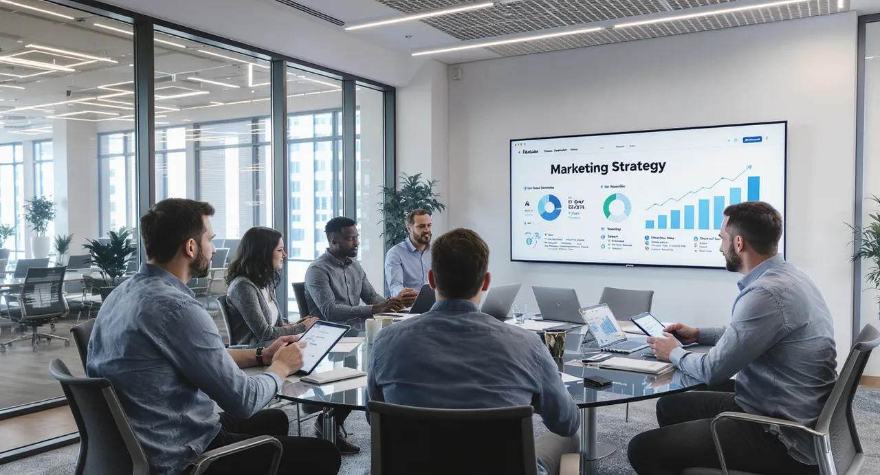Stratégie marketing PME avec équipe planifiant croissance et succès